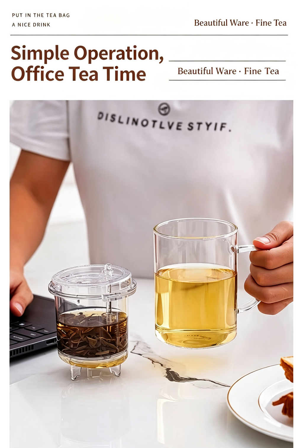 Glass Tea Infuser Mug 450ml — Press Button Brewer, Plastic Lid, 3 Colours