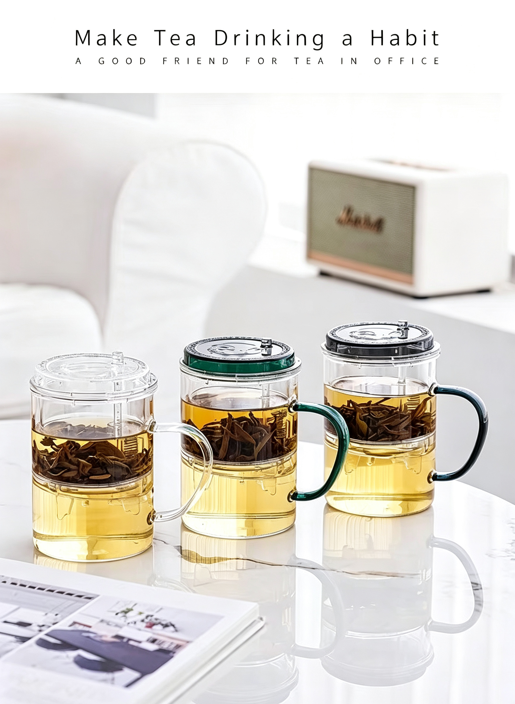Glass Tea Infuser Mug 450ml — Press Button Brewer, Plastic Lid, 3 Colours