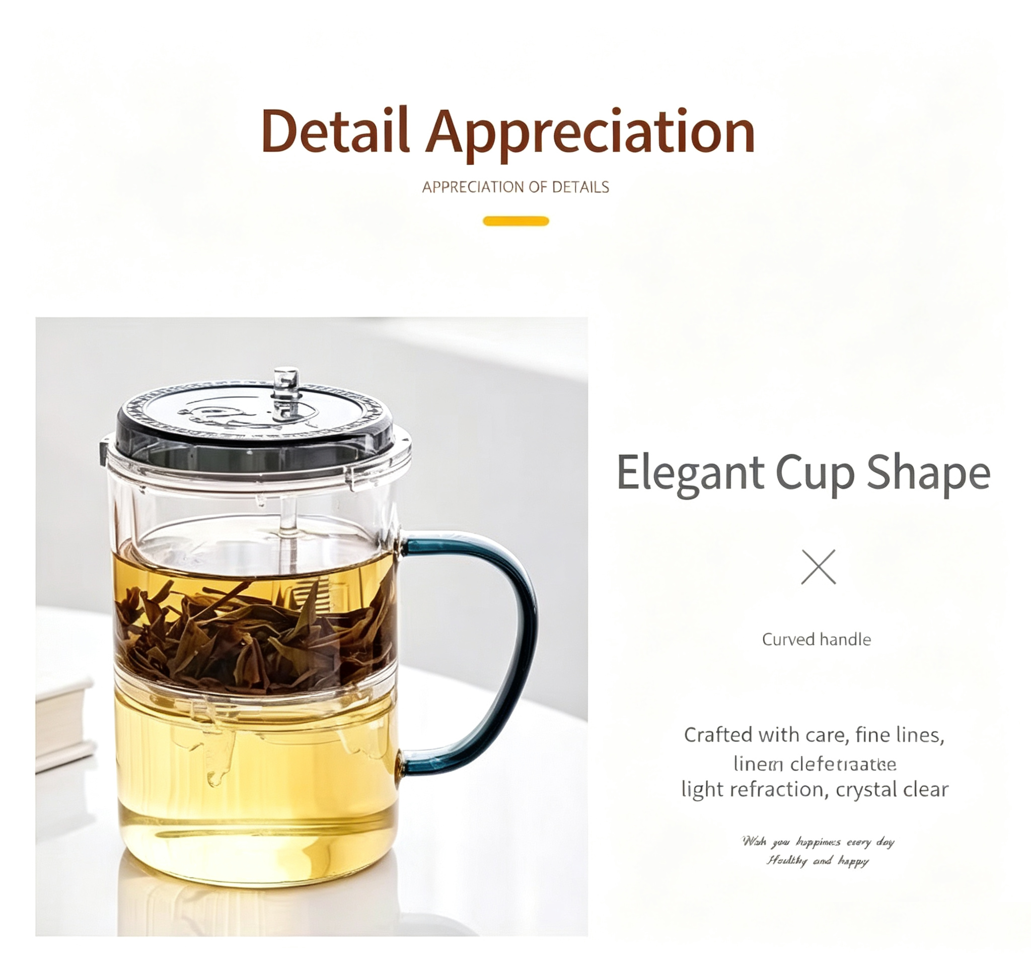 Glass Tea Infuser Mug 450ml — Press Button Brewer, Plastic Lid, 3 Colours