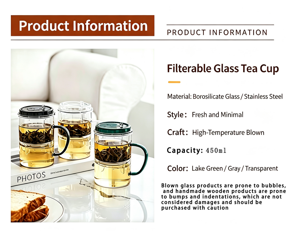 Glass Tea Infuser Mug 450ml — Press Button Brewer, Plastic Lid, 3 Colours