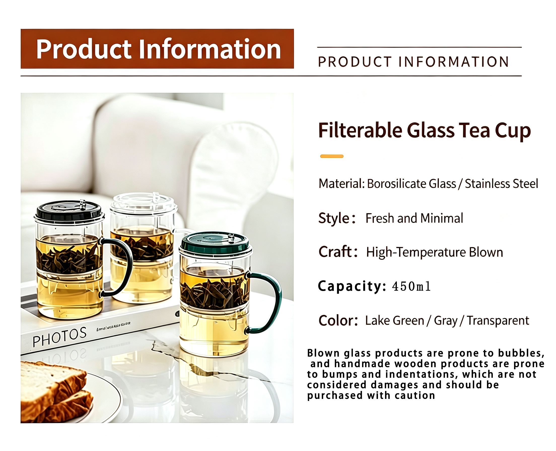 Glass Tea Infuser Mug 450ml — Press Button Brewer, Plastic Lid, 3 Colours