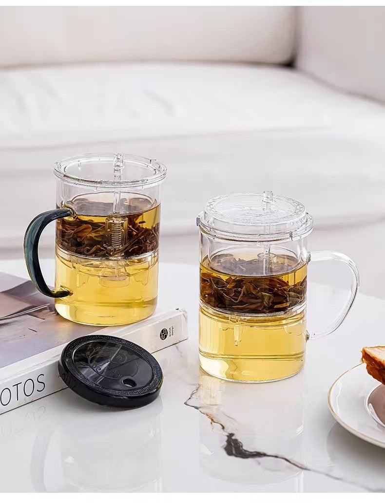 Glass Tea Infuser Mug 450ml — Press Button Brewer, Plastic Lid, 3 Colours