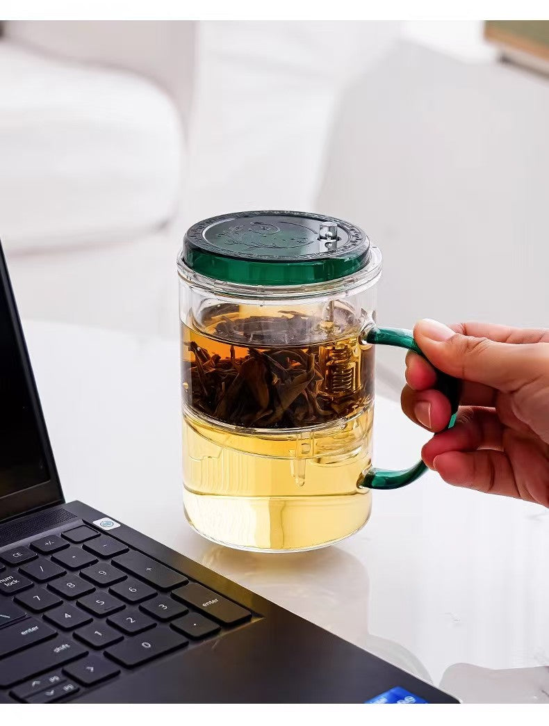 Glass Tea Infuser Mug 450ml — Press Button Brewer, Plastic Lid, 3 Colours