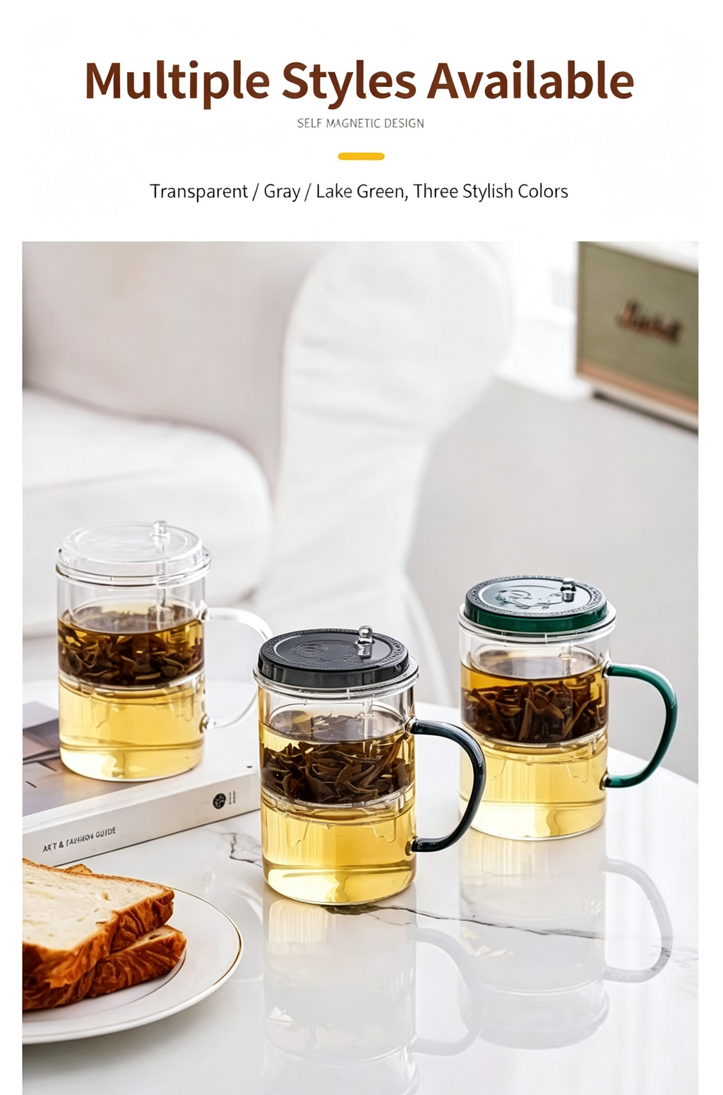 Glass Tea Infuser Mug 450ml — Press Button Brewer, Plastic Lid, 3 Colours