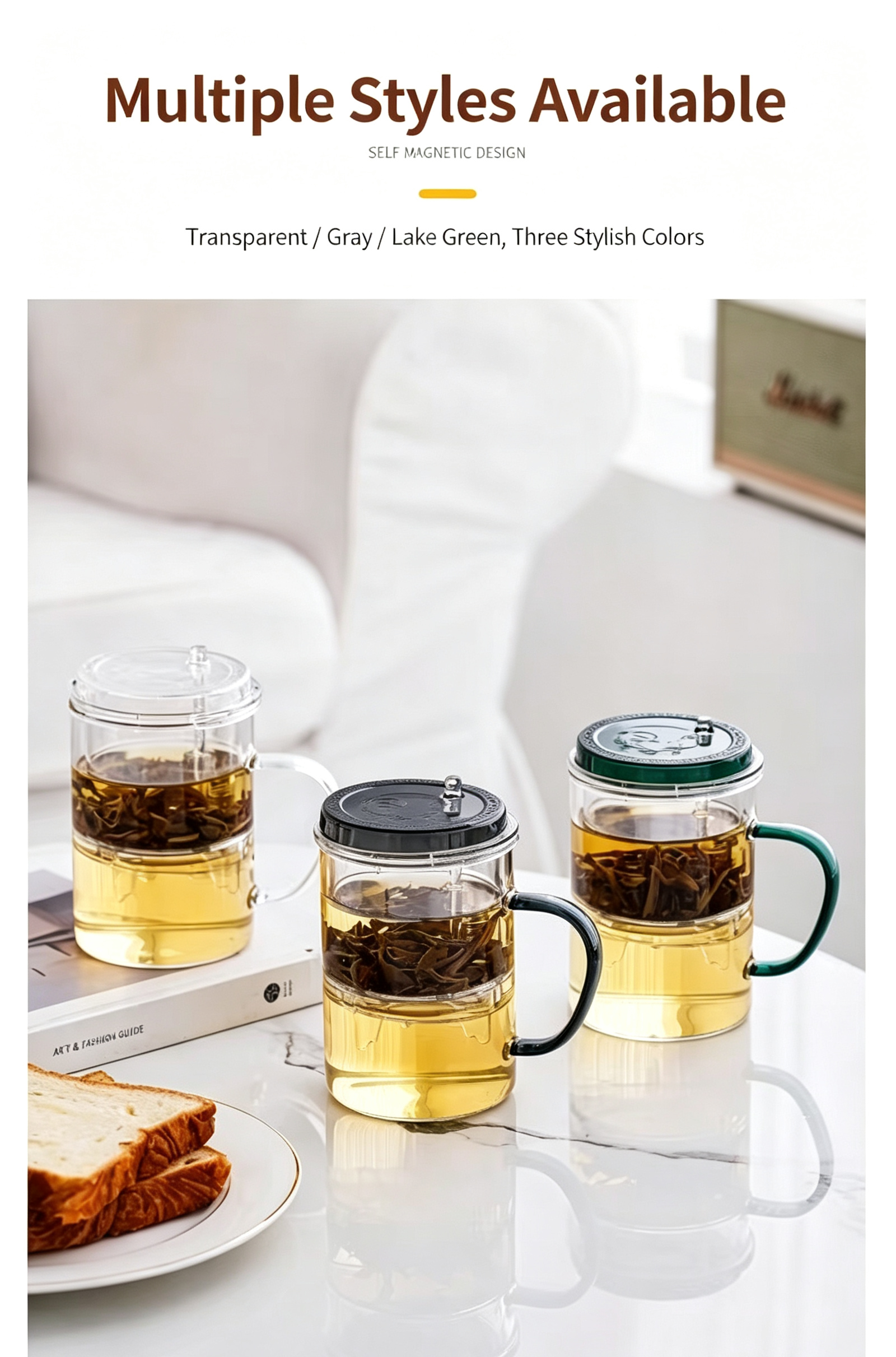 Glass Tea Infuser Mug 450ml — Press Button Brewer, Plastic Lid, 3 Colours