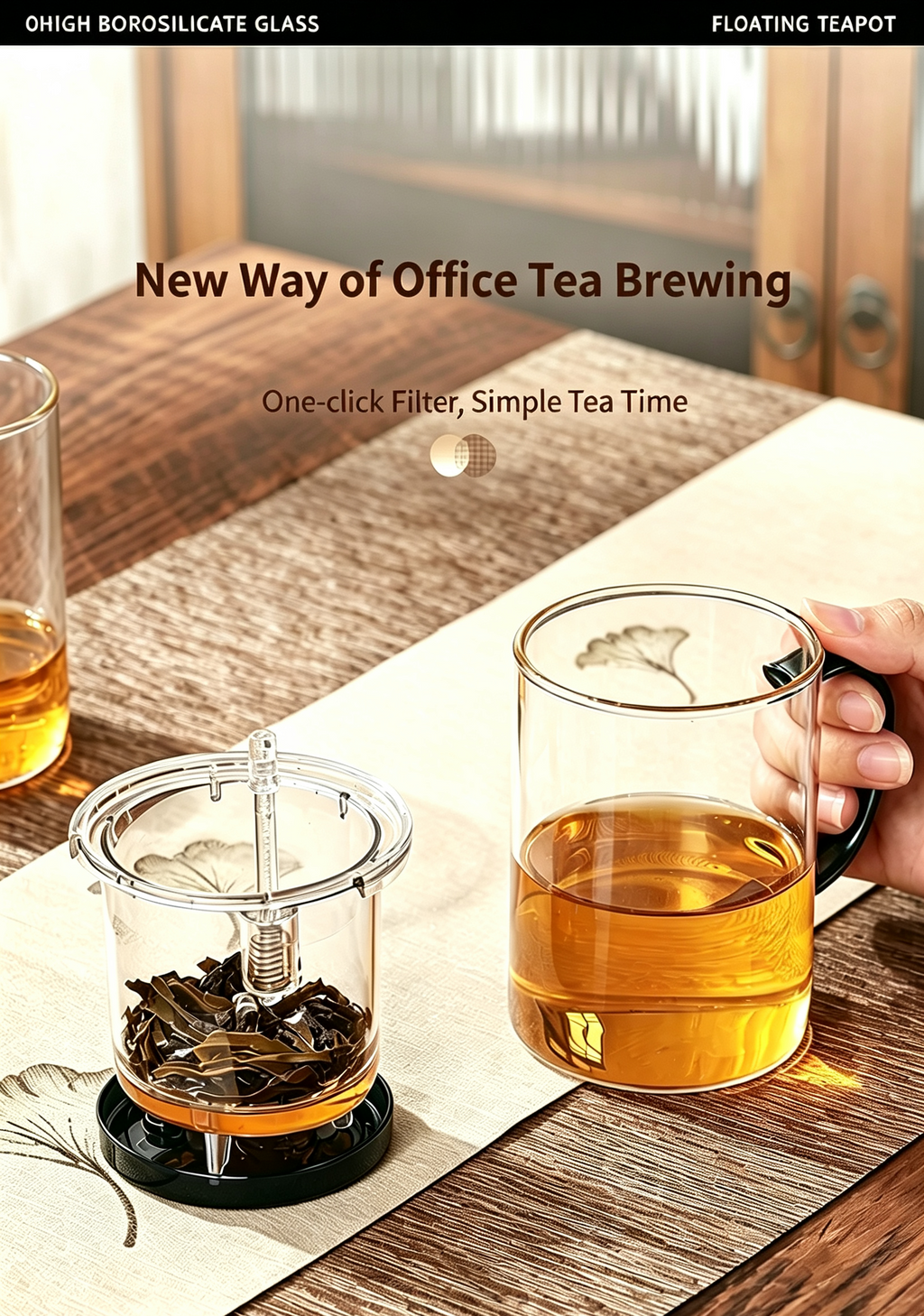 Glass Tea Infuser Mug 450ml — Press Button Brewer, Plastic Lid, 3 Colours