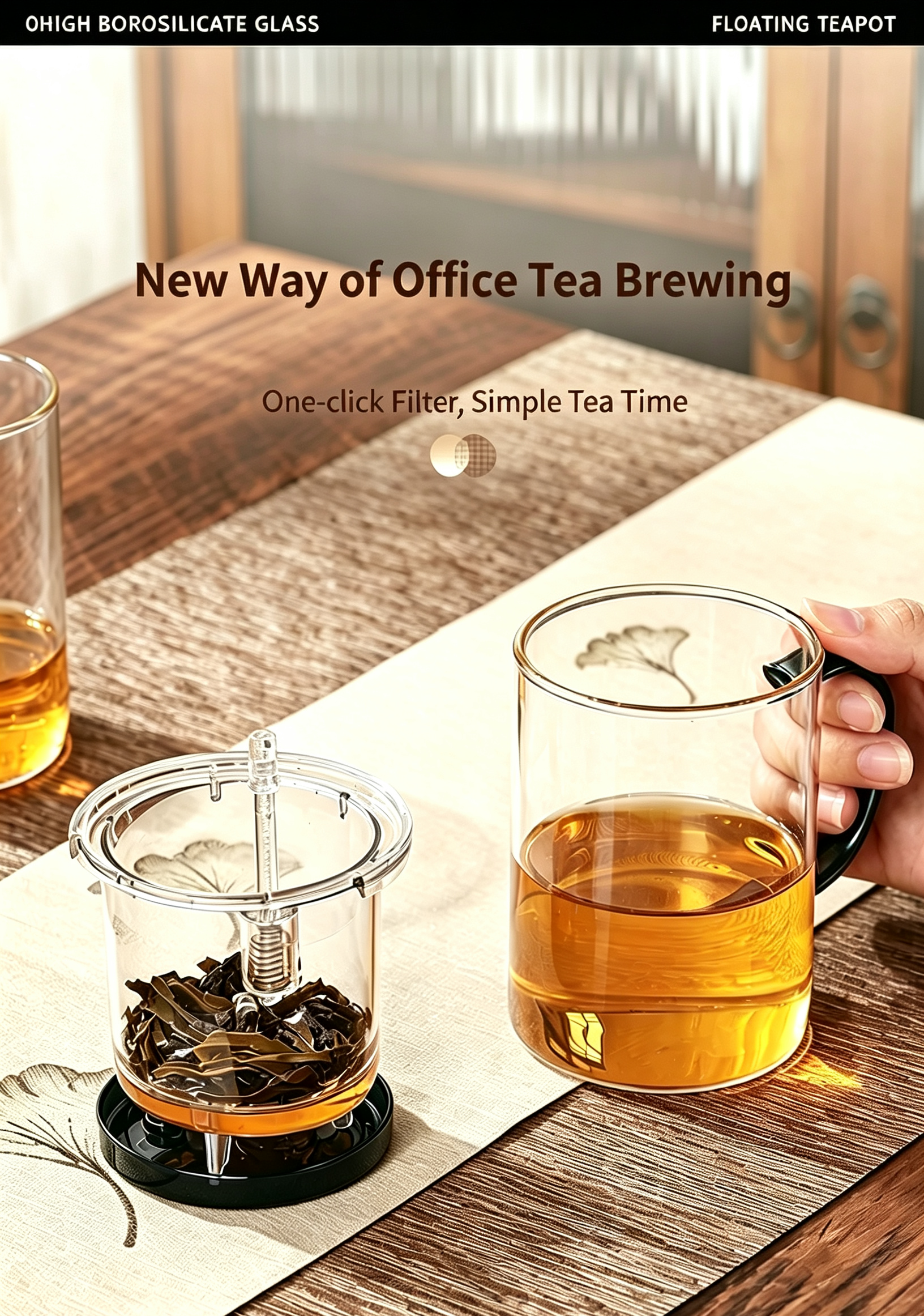 Glass Tea Infuser Mug 450ml — Press Button Brewer, Plastic Lid, 3 Colours
