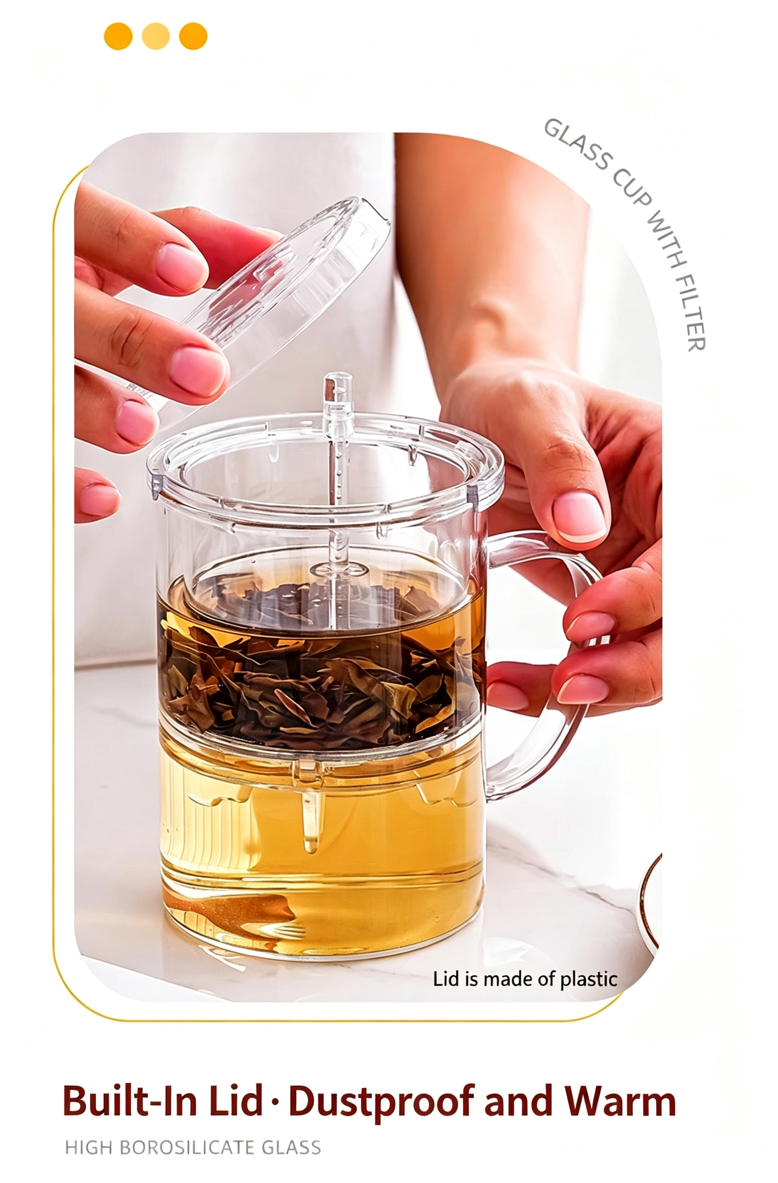 Glass Tea Infuser Mug 450ml — Press Button Brewer, Plastic Lid, 3 Colours
