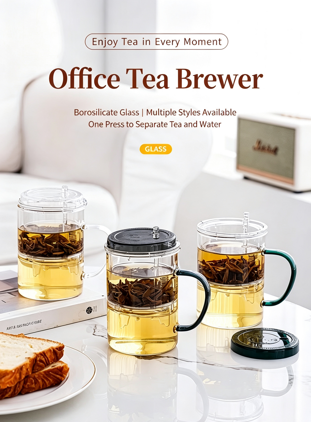 Glass Tea Infuser Mug 450ml — Press Button Brewer, Plastic Lid, 3 Colours