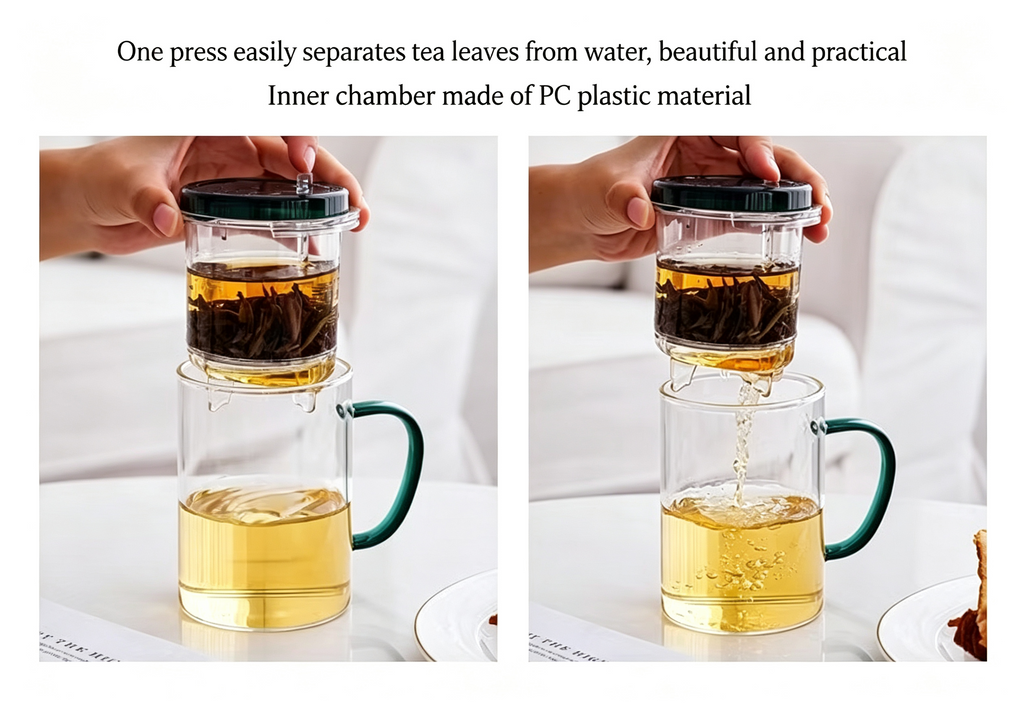 Glass Tea Infuser Mug 450ml — Press Button Brewer, Plastic Lid, 3 Colours