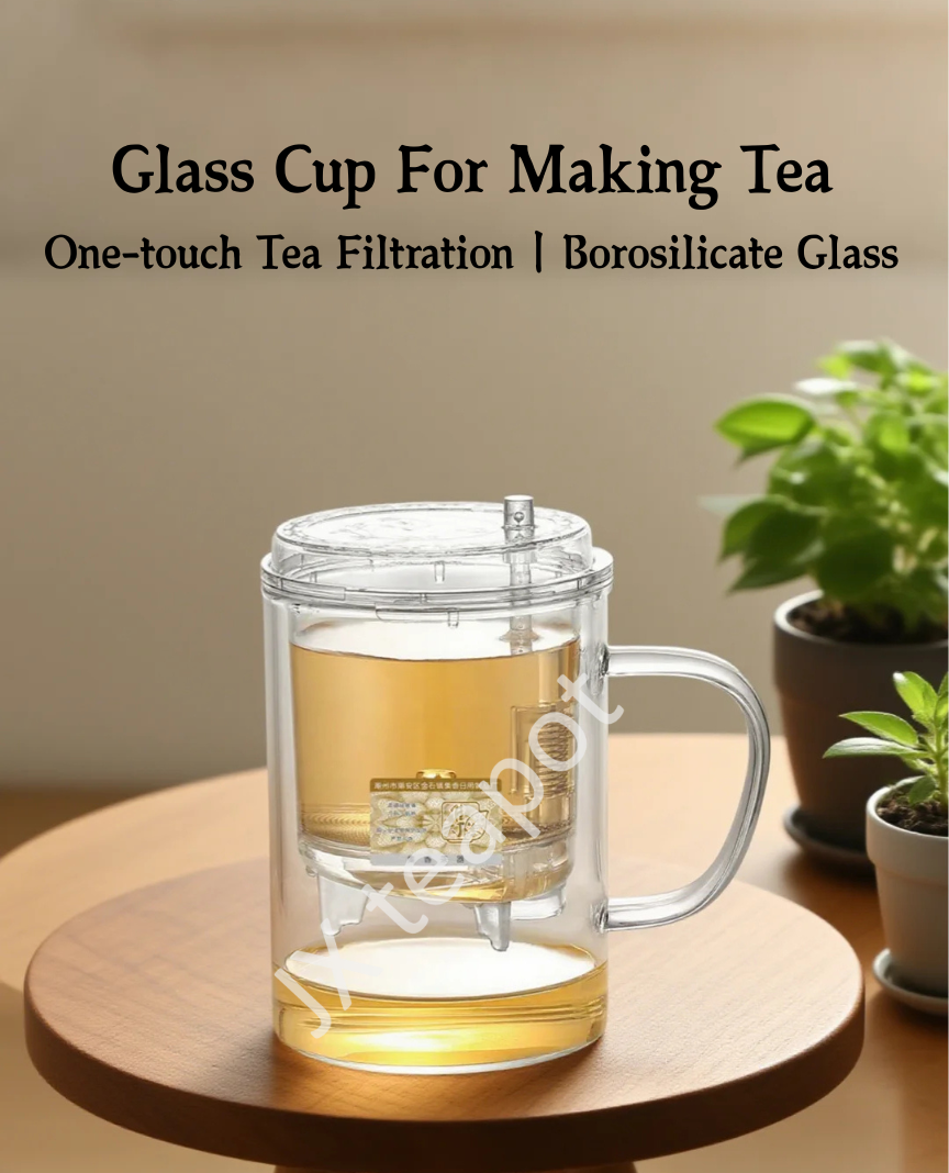 Glass Tea Infuser Mug 450ml — Press Button Brewer, Plastic Lid, 3 Colours
