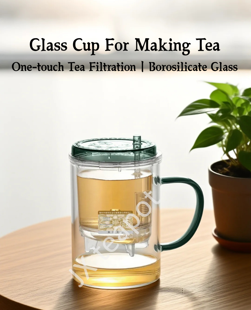 Glass Tea Infuser Mug 450ml — Press Button Brewer, Plastic Lid, 3 Colours