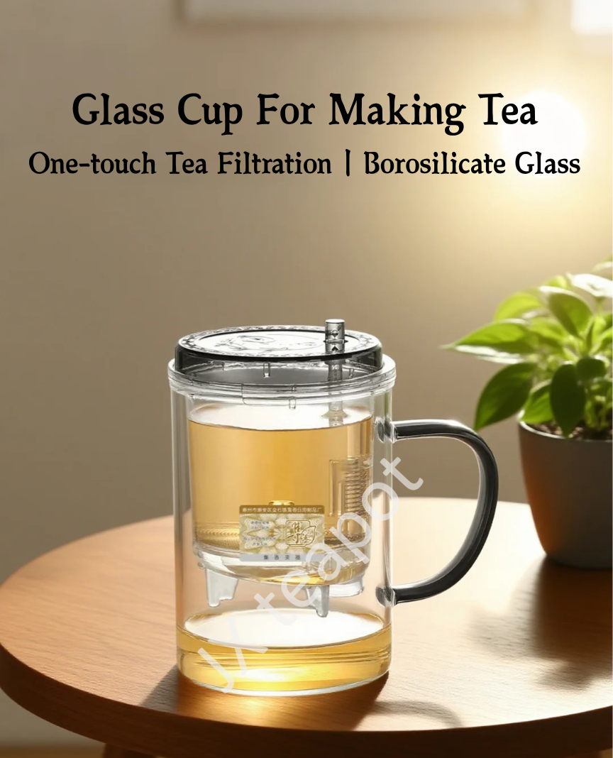 Glass Tea Infuser Mug 450ml — Press Button Brewer, Plastic Lid, 3 Colours